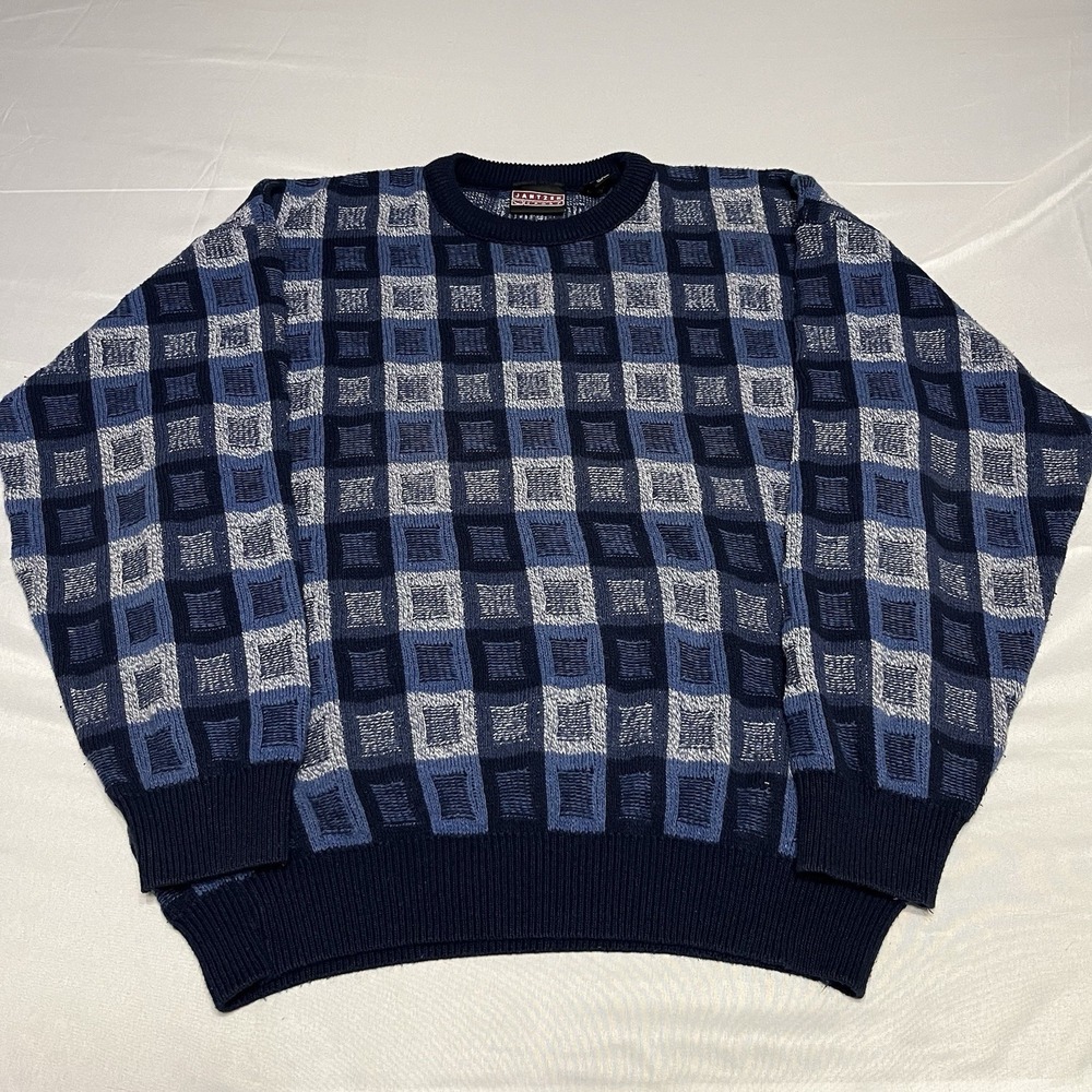 Vintage Jantzen Sweater Men's Size XL Blue Geometric Grandpa Knit Crewneck